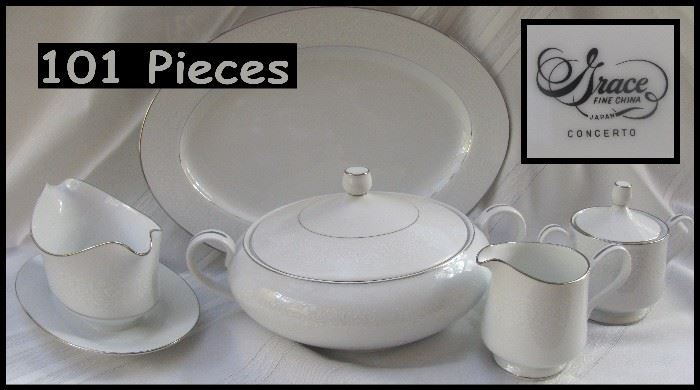  101 pieces of Grace fine china Concerto pattern includes ddinner salad saucer bread and butter cups gravy boat and more setting for fourteen