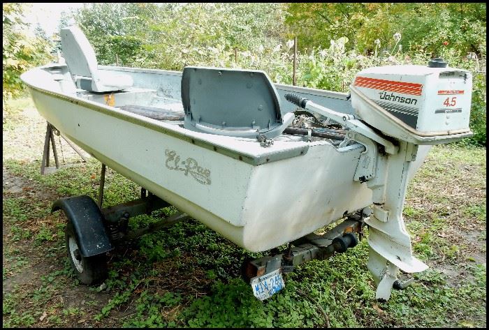 14 foot El Rae fiberglass fishing boat made in Rice Lake Wisconsin plus trailer and motor