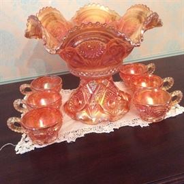 Carnival glass punch bowl base and cups