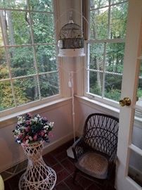 sunroom, child's chair, bird cage, wicker