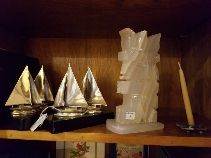 sailing sailboat bookends, carved 