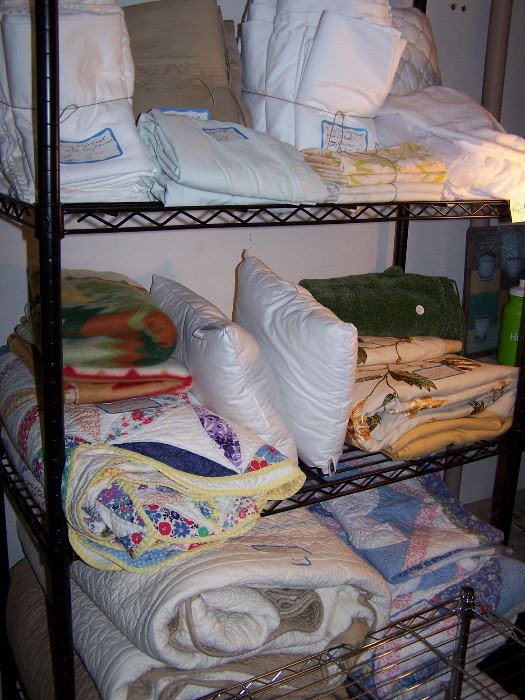 Vintage quilt, 2 king bedspreads, 1 king new quilt, other linens