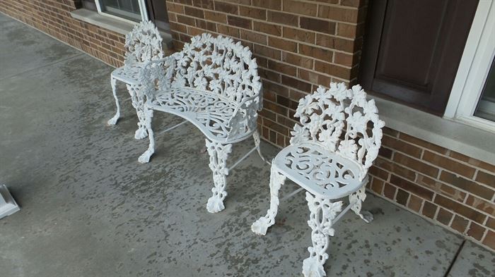Vintage Wrought Iron "GRAPE PATTERN" Bench With 2 Matching Chairs