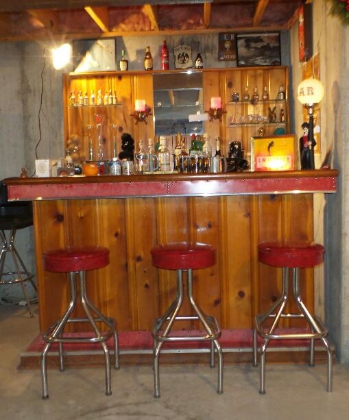 1950's Knotty Pine And Red Crackle Ice Formica Bar With Lighted Bar Back With 3 Red Vinyl And Chrome Bar Stools ~ SO COOL