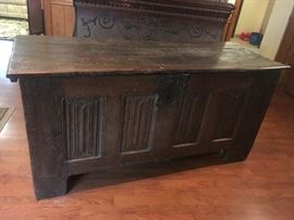 Mid-17th English Oak Panel Blanket Chest. With hand cut nails. Rare