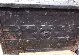 17th century (possibly 16th century) Strongbox. All metal strapping, hardware and original lock. Very Rare.