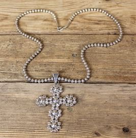 BEAUTIFUL STERLING SILVER BEADED NECKLACE & CROSS PENDANT MADE IN MEXICO!