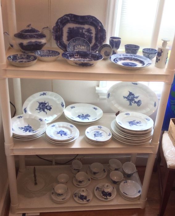 Flow Blue china including "Nonpareil" by Middleport Pottery, (note teapot & serving bowl), many pieces of Royal Copenhagen "Blue Flowers" (Denmark) including teapot & covered casseroles (not shown)