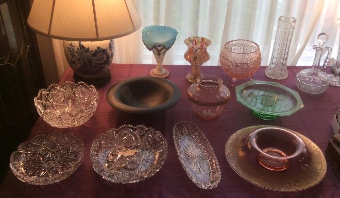 Brilliant cut crystal bowls, Chinese ginger jar lamp, black satin glass bowl , "folded" Bristol glass vase, multi-color glass vase, pink & green Depression glass bowls & vases, cut crystal vases & decanter