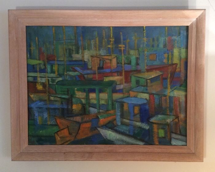 "Fisherman's Wharf", abstract painting on board, dated 1947, framed size 21" x 27".