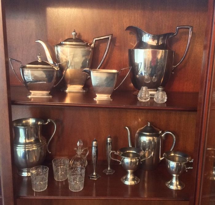 Silverplate & pewter coffee sets, silverplate pitcher, cut crystal tumblers