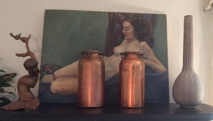 Vintage painting of nude - with pair of trategically placed copper trench art vases, driftwood sculpture, tall mid-century pottery vase