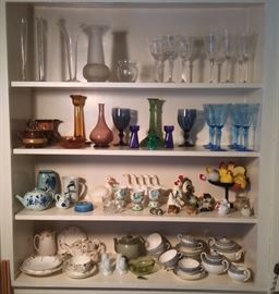 Crystal vases & goblets, copper lustre pitcher & sugar bowl, blue glass goblets, Delft teapot & small pitcher, chicken & rooster knick knacks including Italian egg cups, a few pieces of Spode "Wicker Dale", Japanese tea set with blue flowers