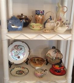 Teapots, Noritake lustreware vase with flowers, custard glass souvenir bowl, porcelain basket with peacock, Belleek swan, Nippon & Noritake plates & bowls, orange Czech jam pot with spoon
