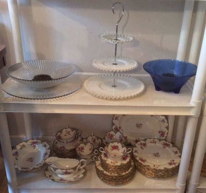 Glass serving bowls, 3 tier milk glass server with ruffle edges, set of Aynsley china is SOLD