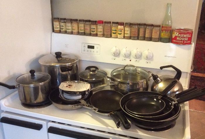 Pots & pans by Cuisinart, Revere Ware, Farberware & more + vintage Royal Crown Cola bottle & old Maxwell House coffee tin