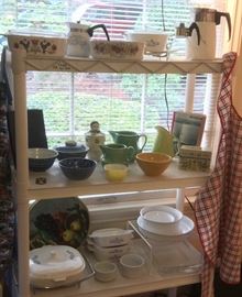 Corning Ware, blue & white Asian bowls, green ceramic pitchers, tin litho recipe box, aprons & more