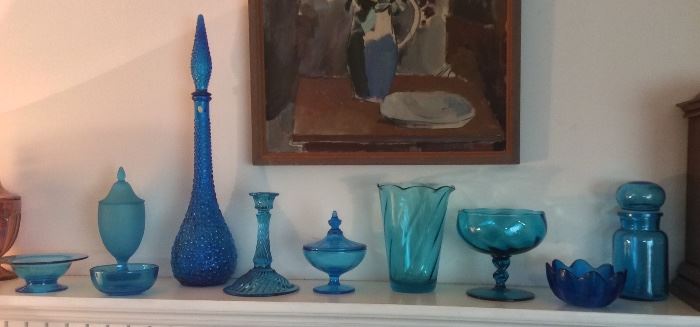 Pretty blue glass including tall Italian decanter & Blenko lotus bowl