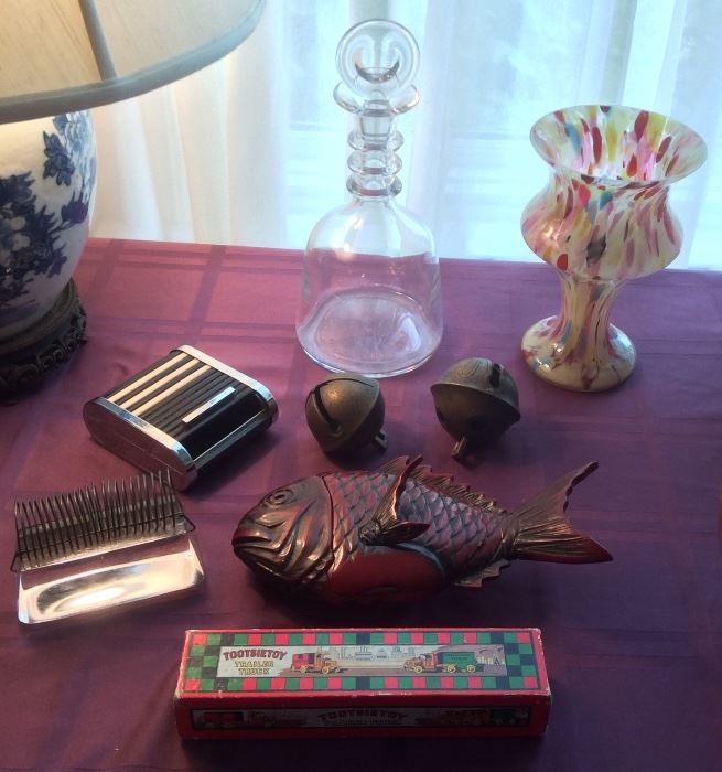 Fun glass & wire desk caddy (patented in 1900), Art Deco cigarette box, Baccarat decanter, old brass bells, Japanese lacquer fish box, TootsieToy trailer truck box only (no truck).