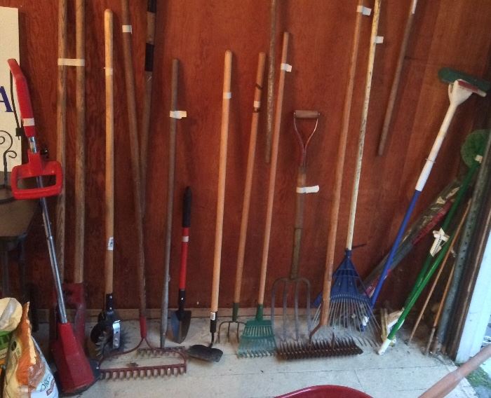 Some of the yard tools - rakes, shovels, hoes, pitchfork, Garden Claw & more