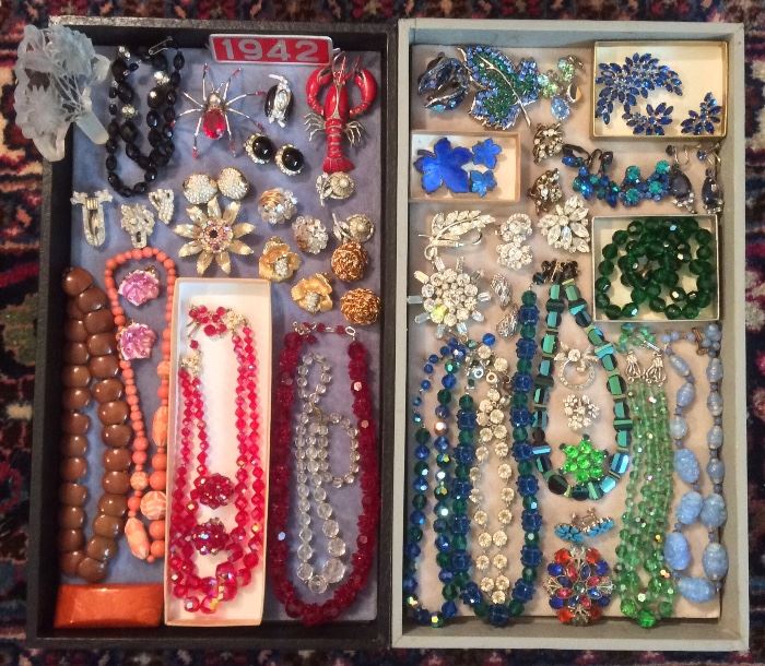 Sparkly vintage jewelry - rhinestones, Austrian crystal, Denmark enamel on silver pin & earrings, some signed pieces...