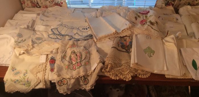 Vintage linens galore: new-old-stock Irish linen napkins, embroidered pillow cases, damask tablecloths & tea towels, embroidered runners & much more