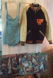 Vintage bathing suit by Rose Marie Reid, UW letterman jacket, more vintage paintings by the homeowner