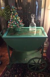 Green painted tea cart, musical lighted ceramic Xmas tree, Baccarat decanter