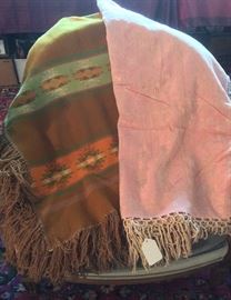 Pendleton style wool blanket with fringe, vintage pink bedspread with geishas & butterlies