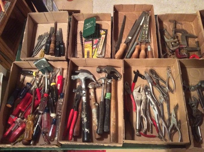 Hand tools: screwdrivers, hammers, chisels, files, pliers