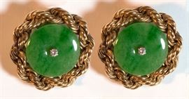 14K Tiffany Jade and Diamond Earrings. CLIP