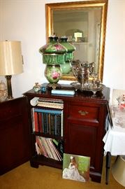 Vintage record cabinet and records, gilt mirror, silverplate
