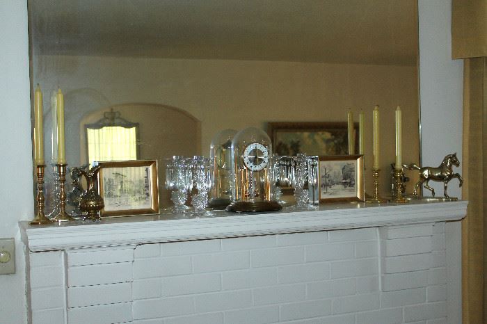 Brass items, Fostoria "Baroque" candlesticks, anniversary clock