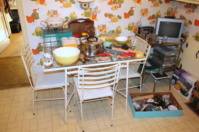 Vintage metal glass-top patio table and 4 chairs - vintage kitchenware - rolling cart and TV