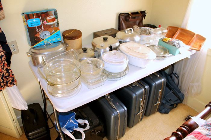 Pyrex and cookware, vintage luggage