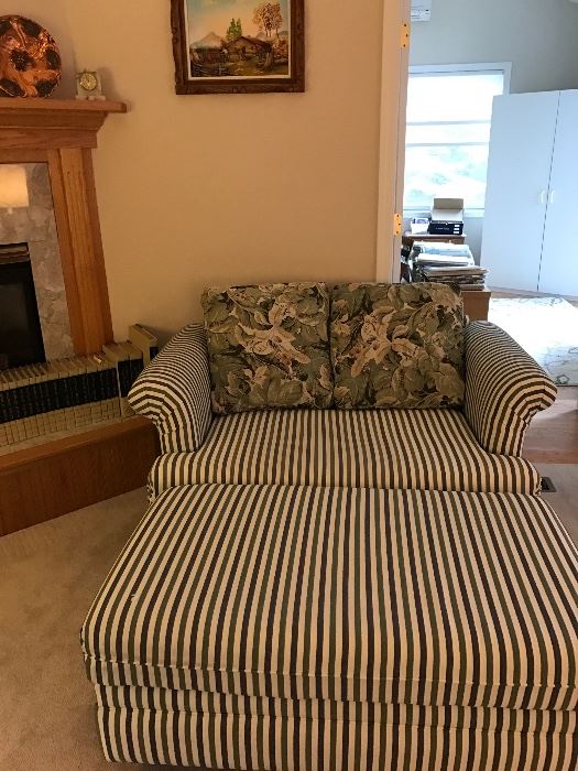 Large upholstered chair, twin size sofa bed.  Ottoman too lifts up for storage! 