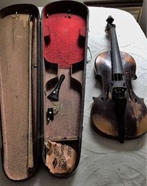 Antique Wooden Coffin Case  with old Violin and Bow 