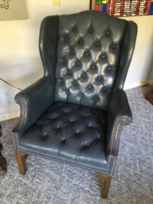Pair of Blue Leather Wing Back Chairs