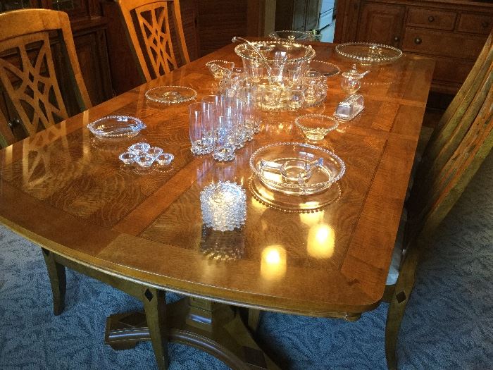 Dining room table with 6 matching chairs (2 arm and 4 side), impressive collection of candlewick glass