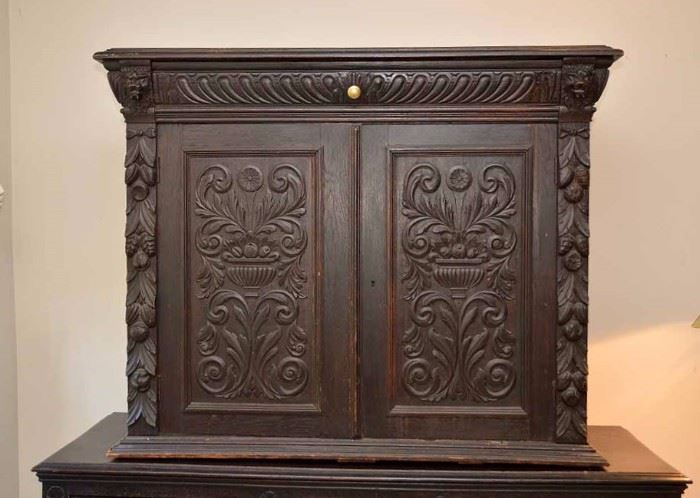 Antique Carved Wood Cabinet with Drawer