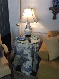 Side particle Table with Cloth and Glass Top, Wonderful  Capidomonte type lamp with blue flowers - so sweet!