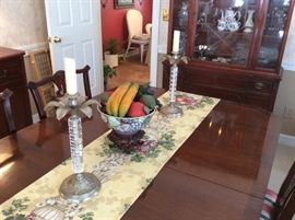Beautiful Floral Runner and Oriental Bowls with Stands, Pineapple Candlesticks - with glass and pewter. Fruit display
