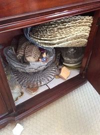 Lots of placemats, linens, Crystal cake servers, Bowls