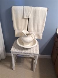Wicker Seat, Wash Bowl and Pitcher Set - Tons of Fluffy towels
