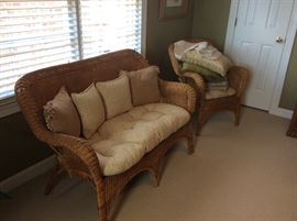 Brown Wicker Sofa and Chair - complete with cushions