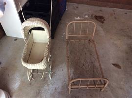 Vintage Baby Carriage and Vintage Metal Baby Bed - complete with Springs - amazing!  So Cute!
