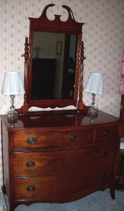         Five drawer dresser with cheval mirror to bed set