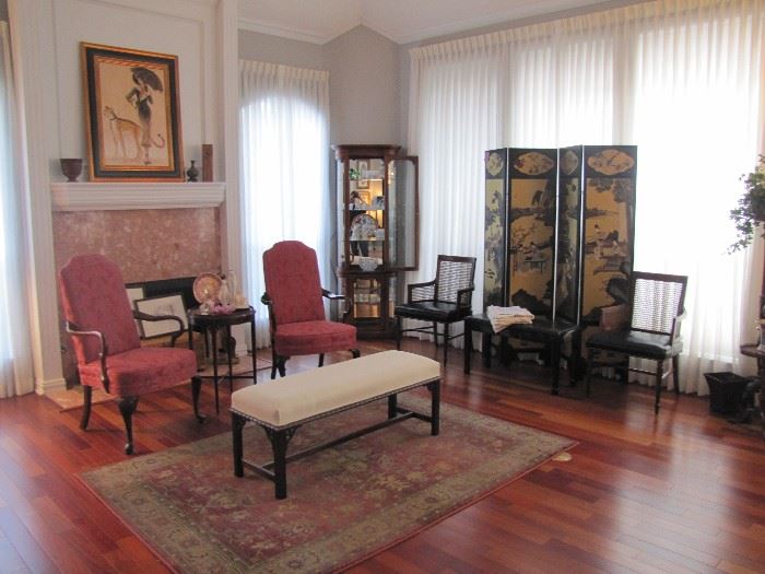 Pulaski Lighted Curio Cabinet, Old Oriental Screen, Cane back Leather bottom chairs, Very nice bench