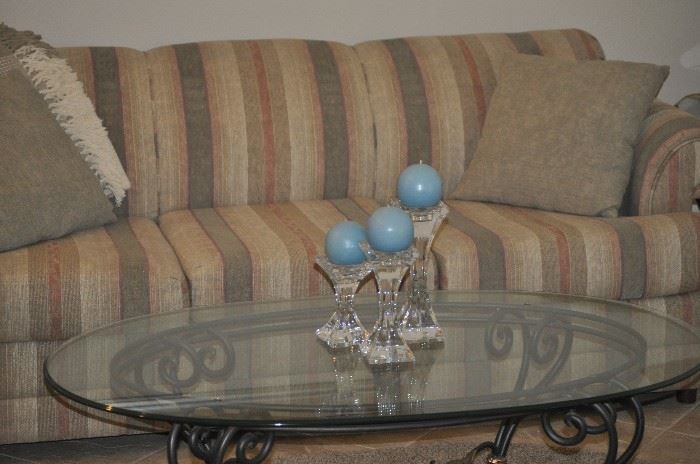 BASSETT SLEEPER SOFA, GLASS TOP COFFEE TABLES - COORDINATES WITH 2 END TABLES