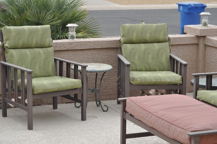 2 PATIO CHAIRS WITH CUSHIONS, BENCH OR OTTOMAN, OCCASIONAL TABLE